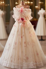 Champagne Tulle Strapless Flower Evening Prom Dress