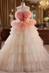 Champagne Tulle Strapless Tiers Evening Prom Dress