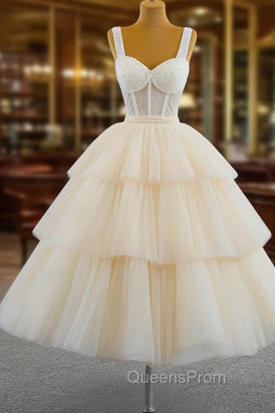 Champagne Tulle Straps Tiers Beading Short Evening Prom Dress Main image