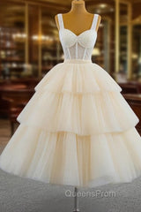 Champagne Tulle Straps Tiers Beading Short Evening Prom Dress