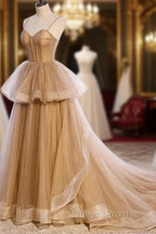 Champagne Tulle Sweetheart Straps Long Ball Gown Evening Prom Dress, Champagne Party Dress