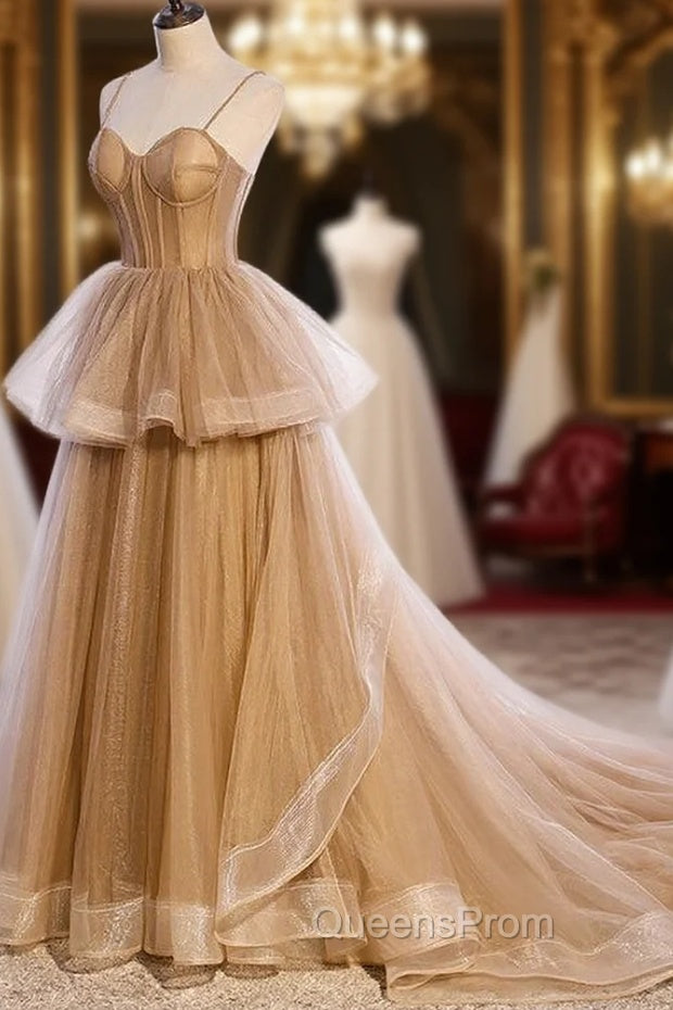 Champagne Tulle Sweetheart Straps Long Ball Gown Evening Prom Dress, Champagne Party Dress