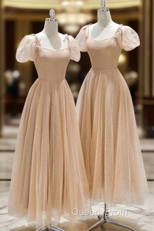 Champagne Tulle Tea Length Evening Prom Dress, Cute Short Sleeve Evening Dress