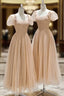 Champagne Tulle Tea Length Evening Prom Dress, Cute Short Sleeve Evening Dress