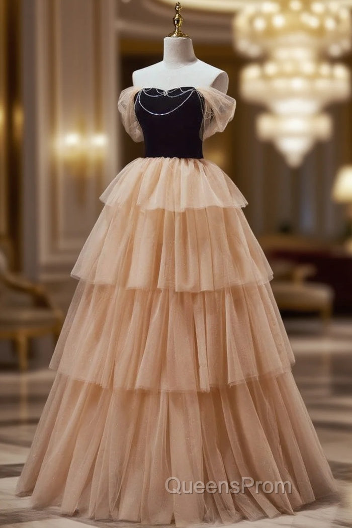 Champagne Tulle Tiers Beading Evening Prom Dress
