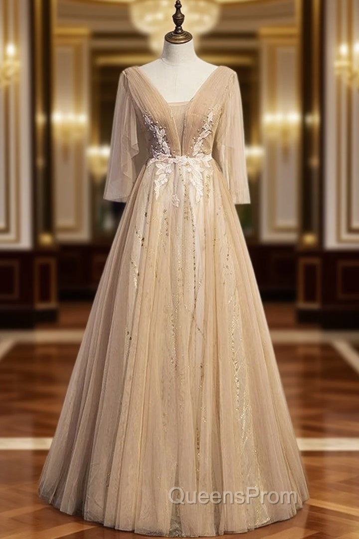 Champagne Tulle V-nec Backless Pleats Evening Prom Dress