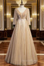 Champagne Tulle V-nec Backless Pleats Evening Prom Dress