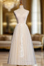 Champagne Tulle V-neck Backless Appliques Evening Prom Dress