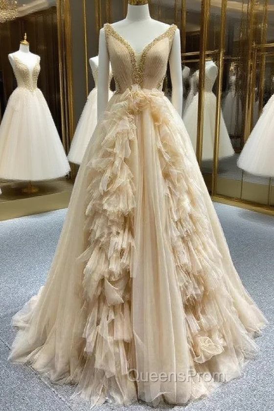 Champagne Tulle V-neck Beading Evening Prom Dress