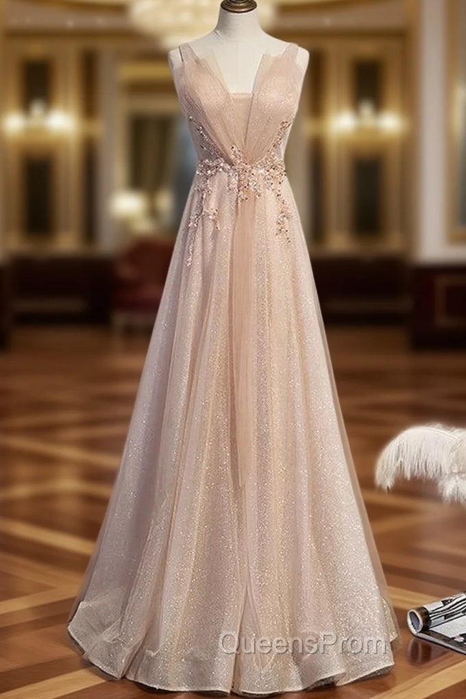 Champagne Tulle V-neck Beading Sequins Evening Prom Dress