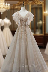 Champagne Tulle V-neck Heavy Beading Evening Prom Dress