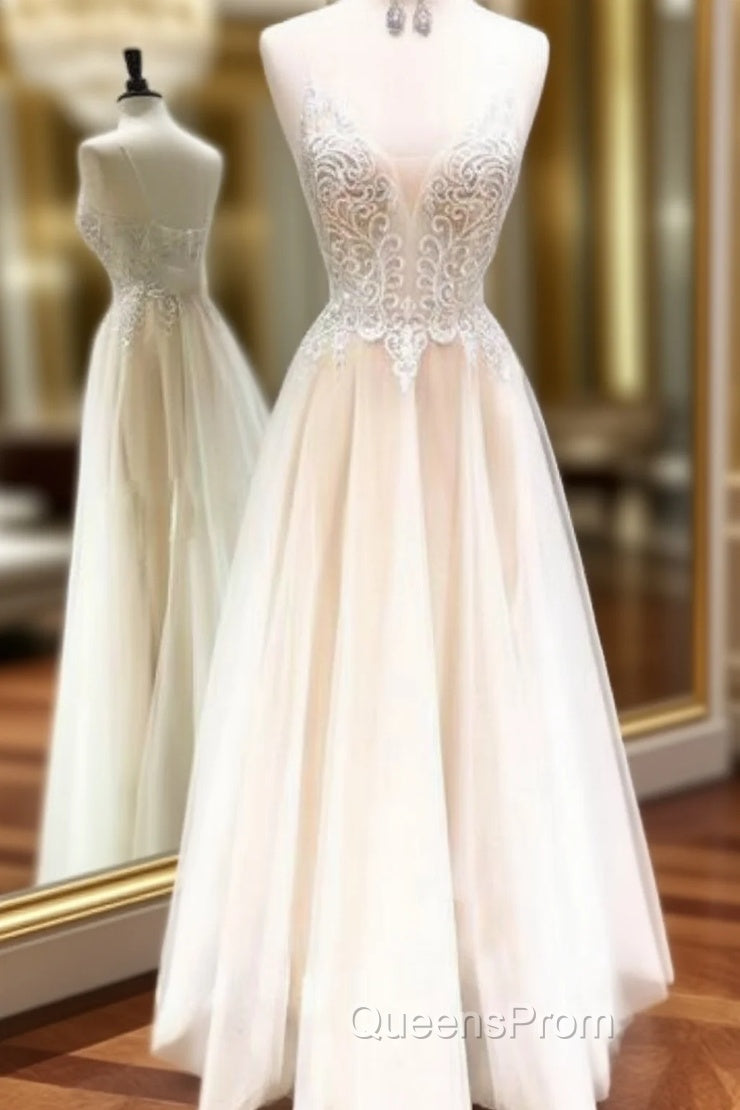 Champagne Tulle V Neck Lace Backless Long Evening Prom Dress