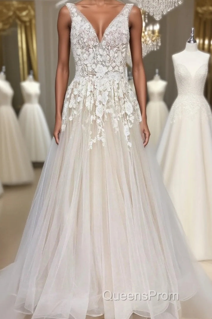 Champagne tulle v neck lace long Evening Prom Dress champagne formal Dress Main image