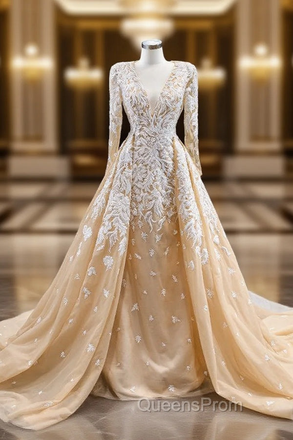 Champagne Tulle V-neck Long Sleeve Evening Prom Dress With Detachable Train