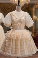 Champagne Tulle V-neck Puff Sleeve Homecoming Dress