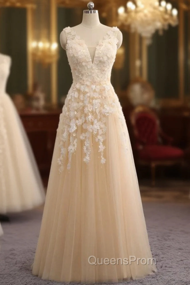 Champagne Tulle V-neck See Through Back Appliques Evening Prom Dress