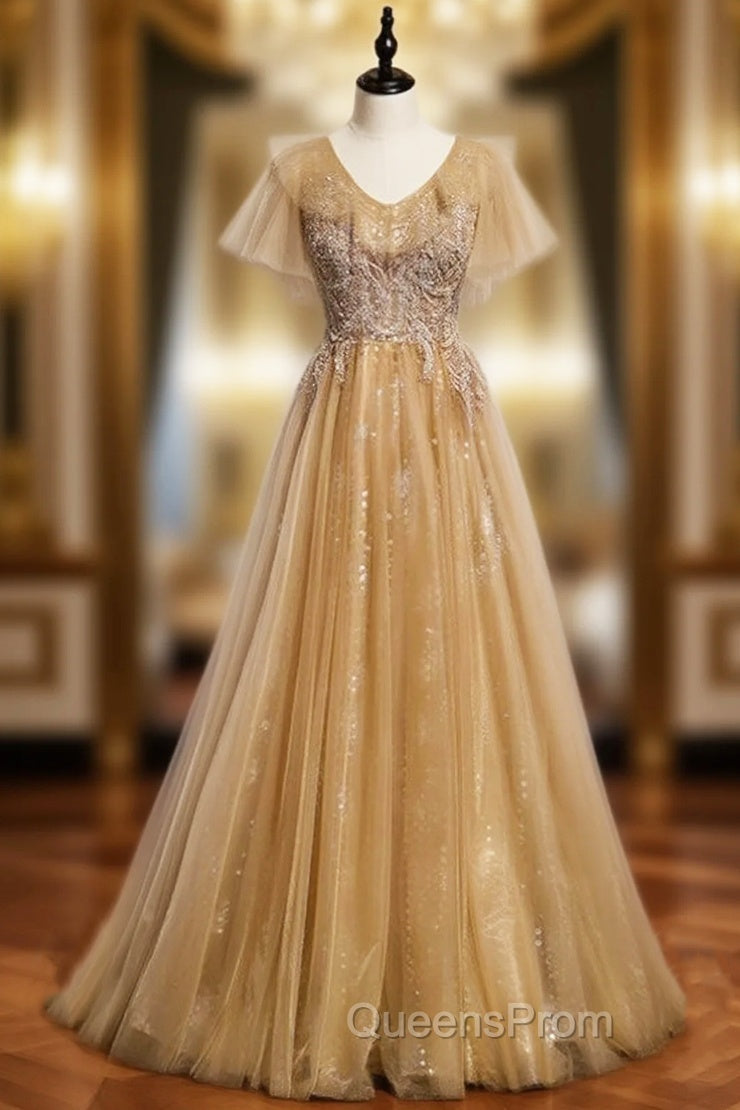 Champagne Tulle V-neck Short Sleeve Beading Evening Prom Dress