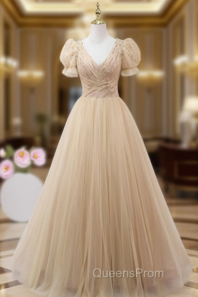 Champagne Tulle V-neck Short Sleeve Pleats Beading Evening Prom Dress
