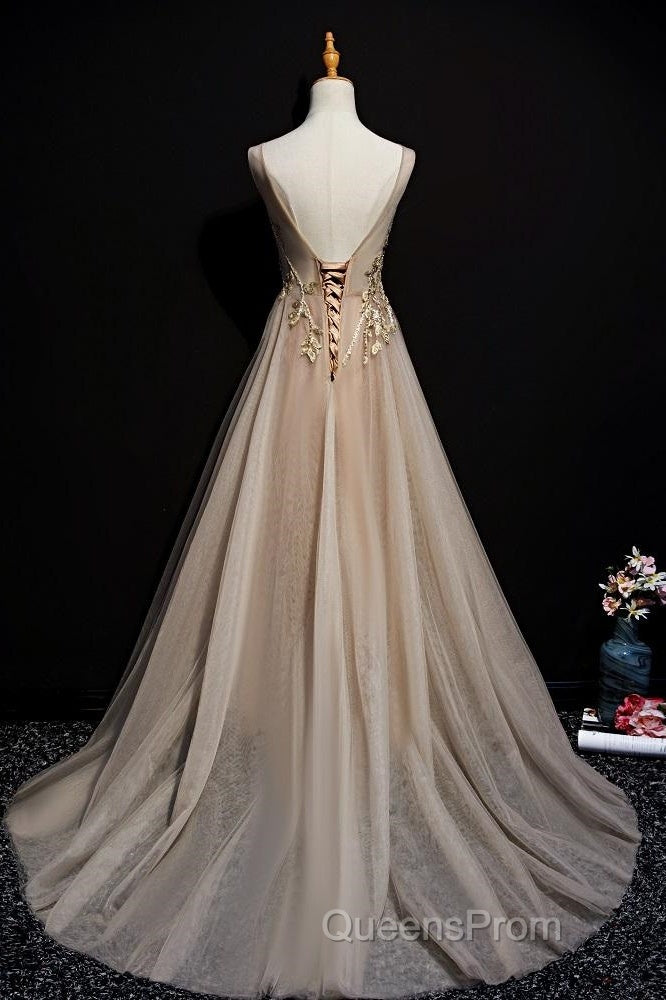 Champagne Tulle V-Neckline Long Lace Evening Prom Dress, A-Line Formal Gown Party Dress Secondary image