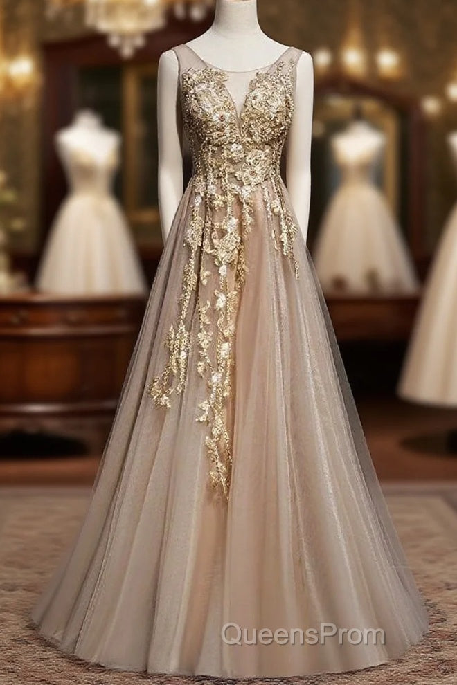 Champagne Tulle V-Neckline Long Lace Evening Prom Dress, A-Line Formal Gown Party Dress Main image