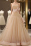 Champagne Tulle With Flower Strapless Backless Wedding Dress