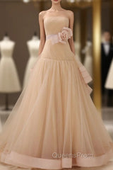 Champagne Tulle With Flower Strapless Backless Wedding Dress