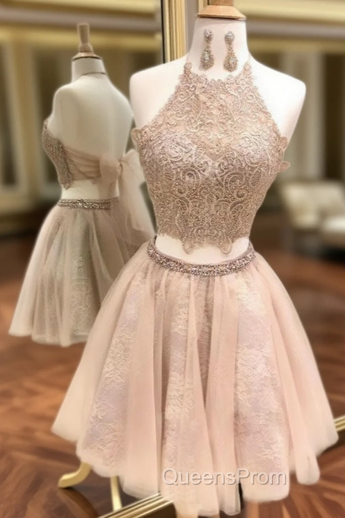 Champagne Two Piece Halter Lace Tulle Homecoming Dress Main image