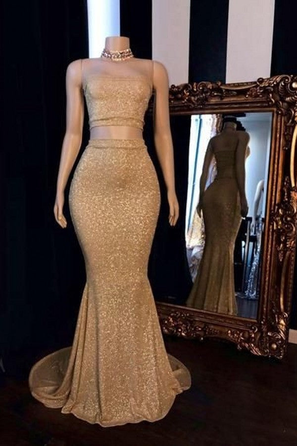Champagne Two-Piece Strapless Long Mermaid Prom Dresses With Choker
