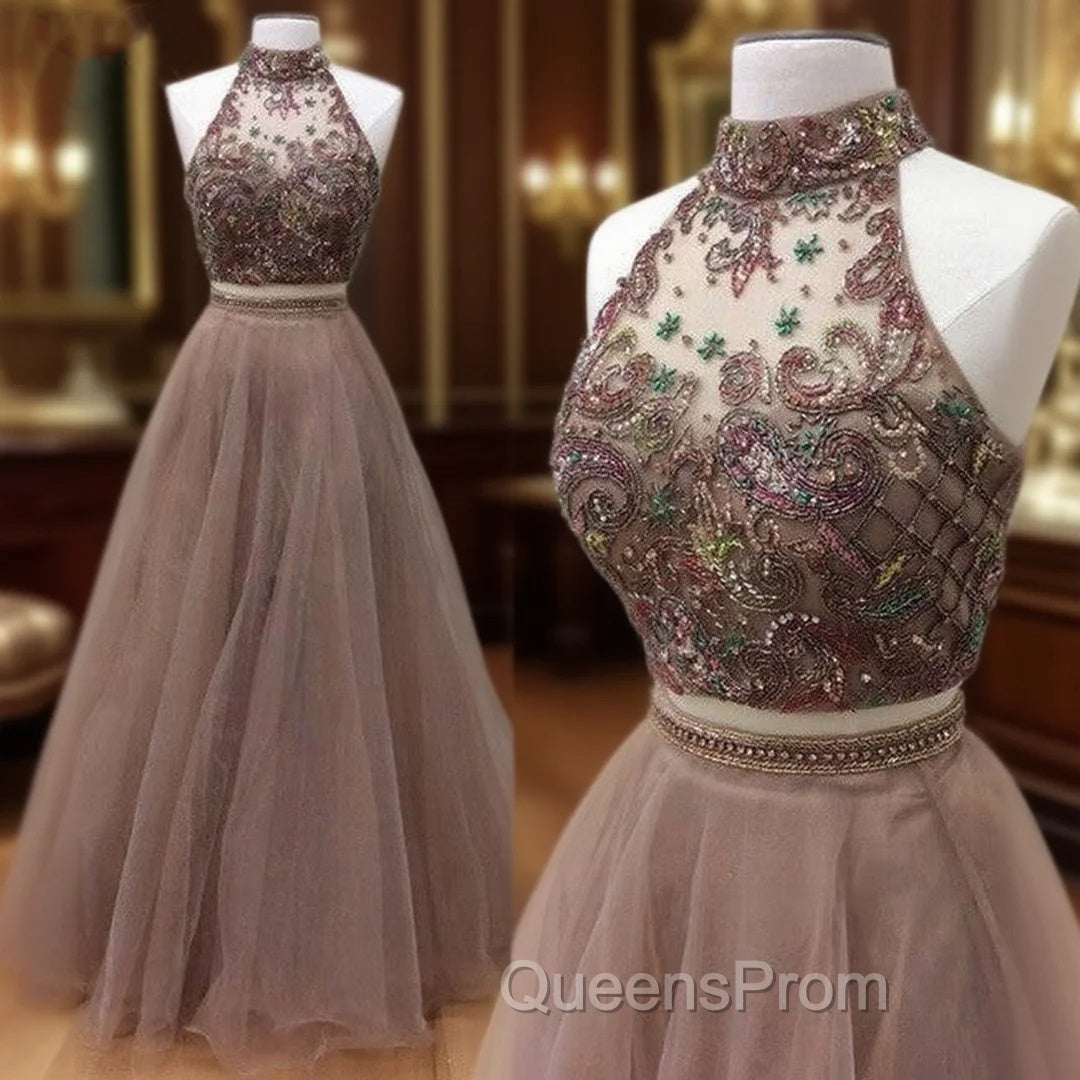 Champagne Two Pieces Beads Long Evening Prom Dress, Evening Dress Main image