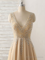 Champagne V Neck Beads Long Prom Dress Tulle Evening Dress