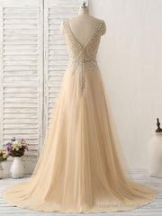 Champagne V Neck Beads Long Prom Dress Tulle Evening Dress