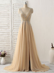 Champagne V Neck Beads Long Prom Dress Tulle Evening Dress
