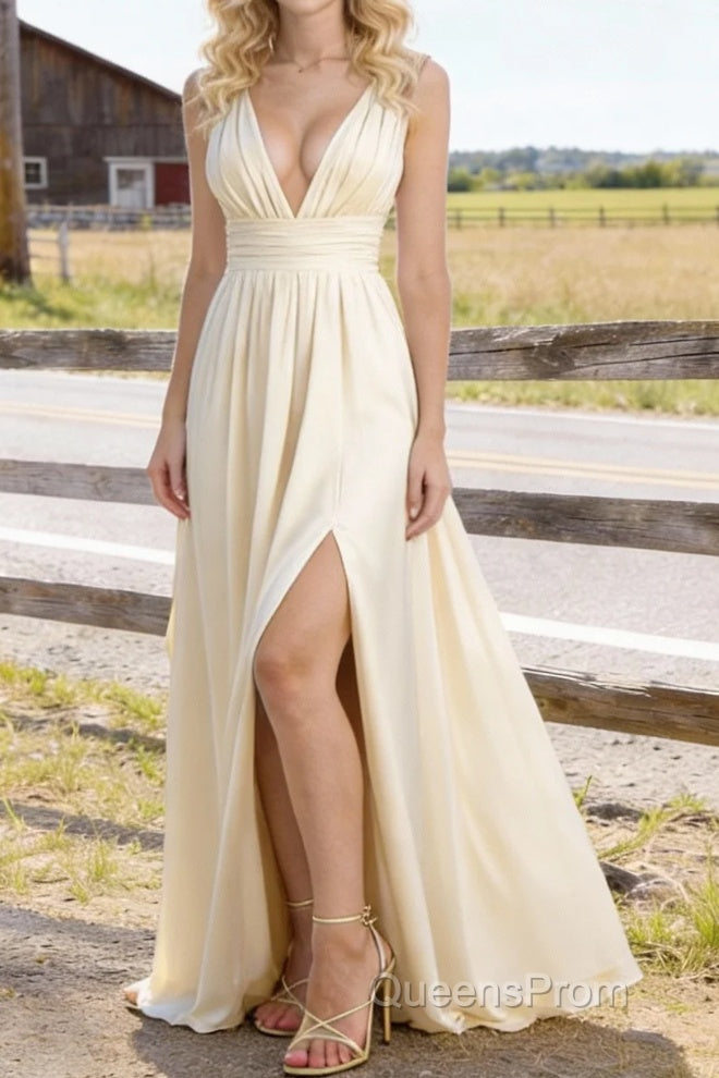 Champagne V Neck Chiffon Floor Length Bridesmaid Dresses Long Bridesmaid Dress With Pleated Split