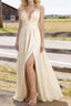 Champagne V Neck Chiffon Floor Length Bridesmaid Dresses Long Bridesmaid Dress With Pleated Split