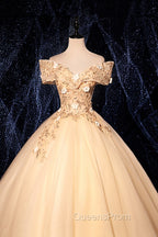 Champagne V-Neck Lace Long Ball Gown, Off the Shoulder Evening Dress