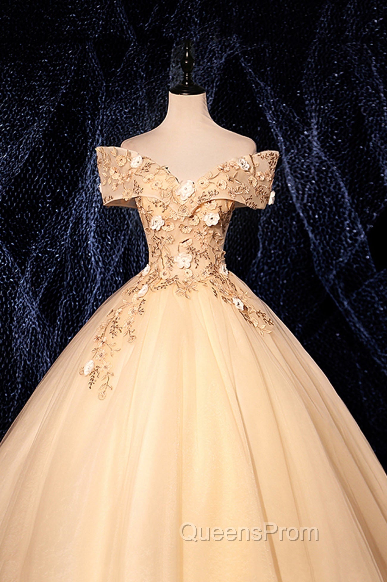 Champagne V-Neck Lace Long Ball Gown, Off the Shoulder Evening Dress