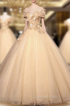 Champagne V-Neck Lace Long Ball Gown, Off the Shoulder Evening Dress