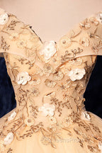 Champagne V-Neck Lace Long Ball Gown, Off the Shoulder Evening Dress