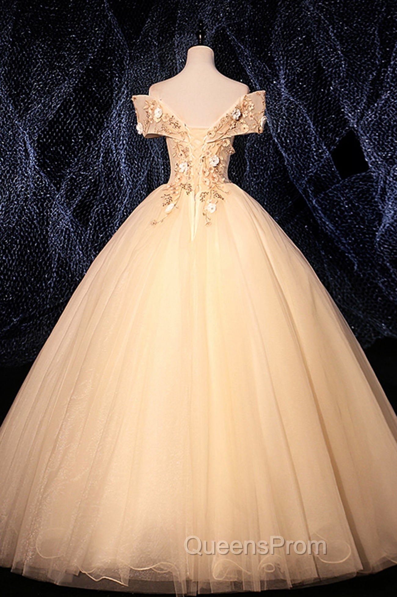 Champagne V-Neck Lace Long Ball Gown, Off the Shoulder Evening Dress