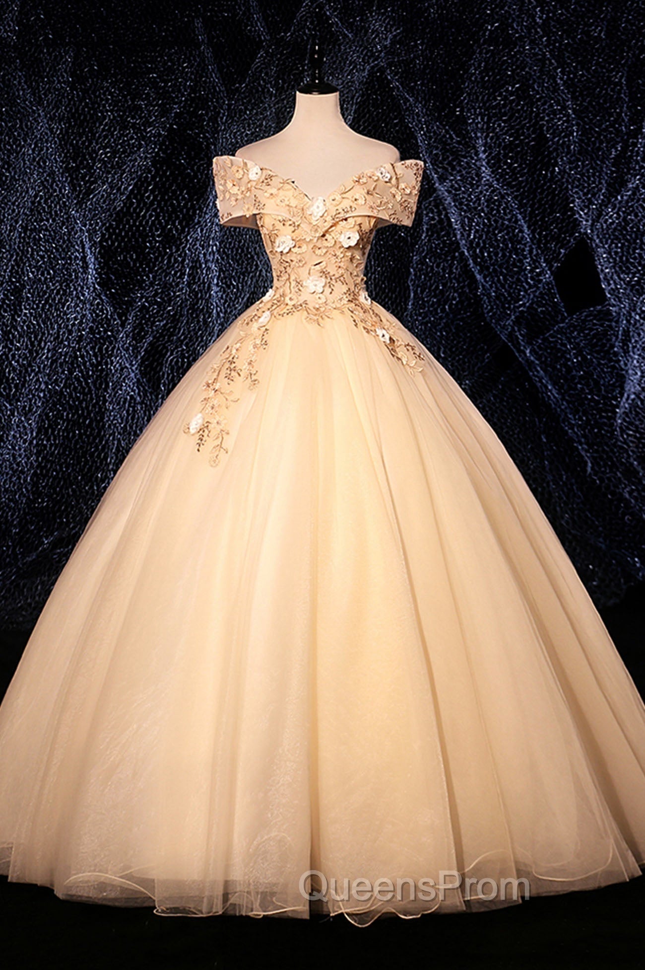 Champagne V-Neck Lace Long Ball Gown, Off the Shoulder Evening Dress Main image