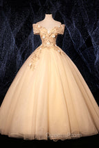 Champagne V-Neck Lace Long Ball Gown, Off the Shoulder Evening Dress