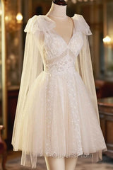 Champagne V-Neck Lace Short Evening Prom Dress, Lovely A-Line Evening Party Dress