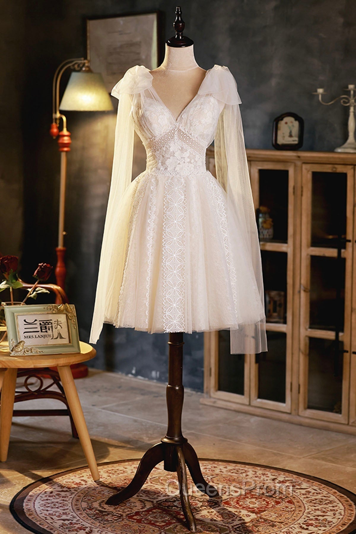 Champagne V-Neck Lace Short Evening Prom Dress, Lovely A-Line Evening Party Dress