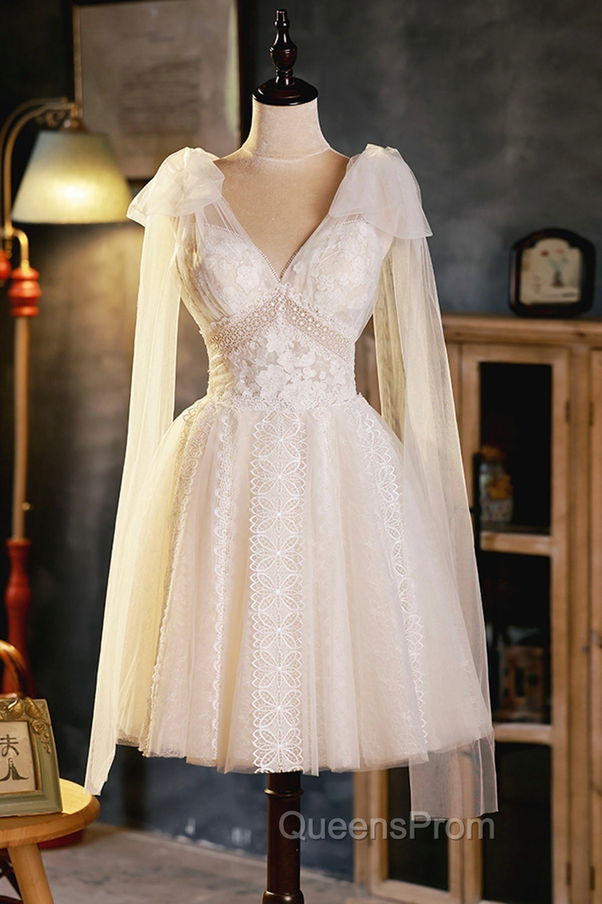 Champagne V-Neck Lace Short Evening Prom Dress, Lovely A-Line Evening Party Dress Main image