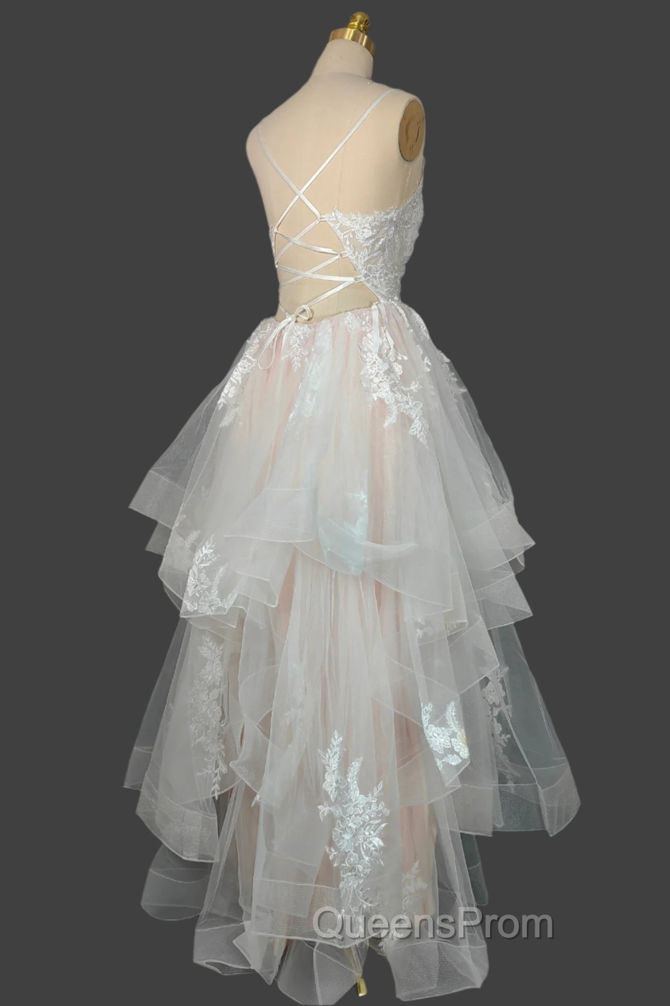 Champagne V-Neck Long Evening Prom Dress A-Line Tulle Evening Dress
