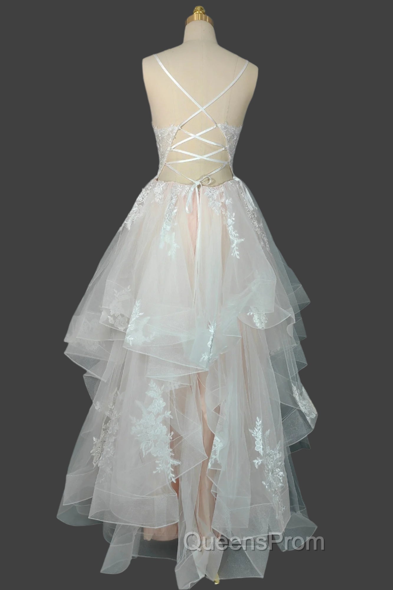 Champagne V-Neck Long Evening Prom Dress A-Line Tulle Evening Dress