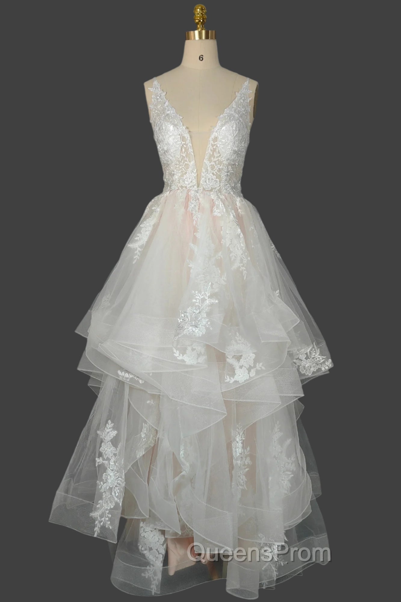 Champagne V-Neck Long Evening Prom Dress A-Line Tulle Evening Dress Main image
