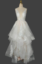 Champagne V-Neck Long Evening Prom Dress A-Line Tulle Evening Dress
