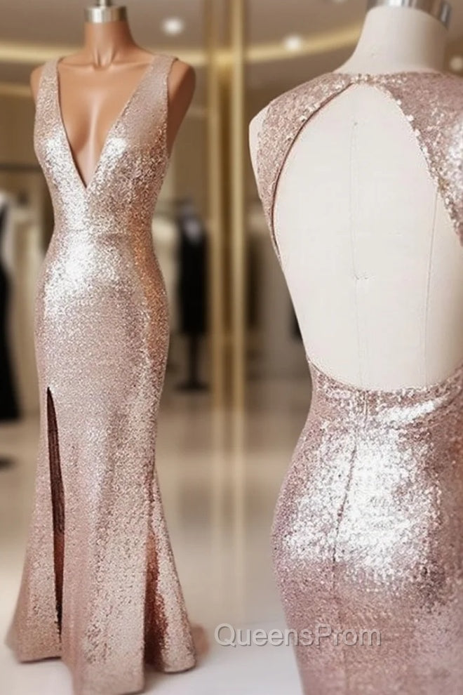 Champagne V Neck Sequin Open Back Long Evening Prom Dress Main image