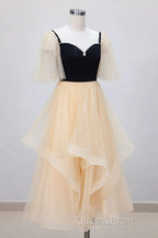 Champagne V Neck Tea Length Evening Prom Dress, Tea-Length Formal Graduation Dress